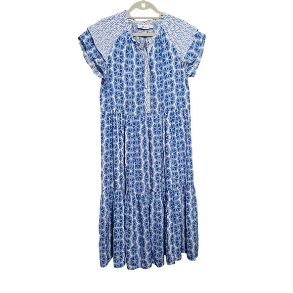 Vineyard Vines Women's Blue Print Tiered Midi Dress Summer Casual Short Sleeve - Picture 3 of 8